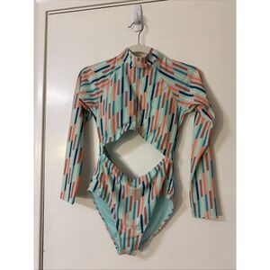 Bingo Surf  One Piece Cut Out Padded Bra Swimsuit  Blue Stripe Sz S Long Sleeve